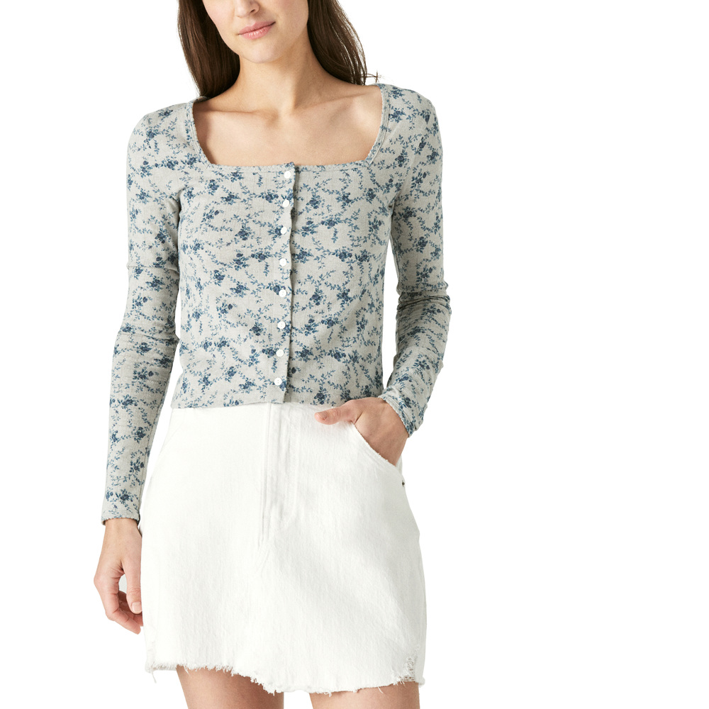 Lucky Brand Pointelle Cardigan Top - Blue Floral